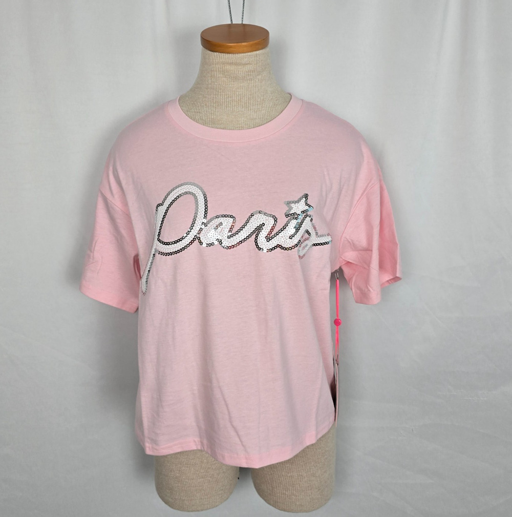 Paris Hilton Sequin Graphic Logo Crop T-Shirt Women's S Pink NWT